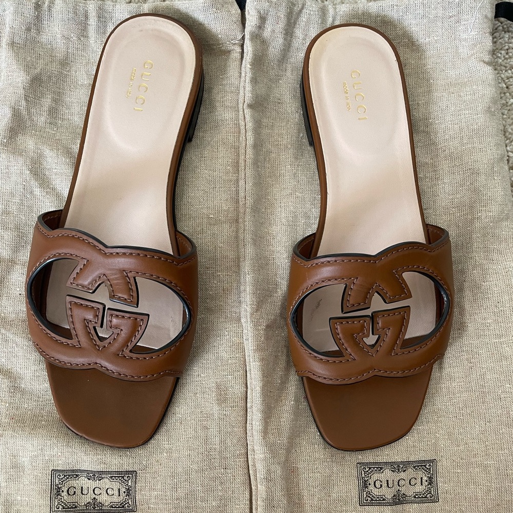 GUCCI WOMEN'S INTERLOCKING G CUT-OUT SLIDE SANDAL BROWN SIZE 37
